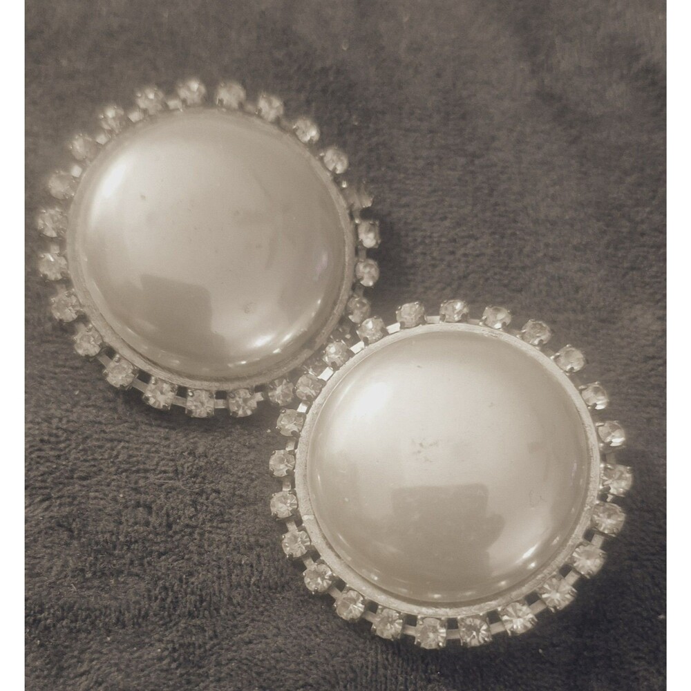 Vintage Large Faux Pearl Rhinestone Button Earrings Silver Tone  Clip On Jewelry